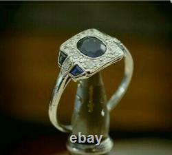 Vintage Style 3.11Ct Bleu Saphir Diamant Ancien Art Déco Bague Grappe 925 Ss