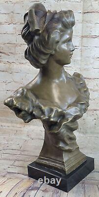 Vintage Style Art Nouveau Femelle Bronze Buste Floral Design Sur Signé Décor