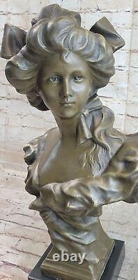 Vintage Style Art Nouveau Femelle Bronze Buste Floral Design Sur Signé Décor