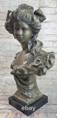 Vintage Style Art Nouveau Femelle Bronze Buste Floral Design Sur Signé Édition