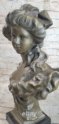 Vintage Style Art Nouveau Femelle Bronze Buste Floral Design Sur Signé Édition