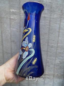 Vintage Vase émaillé Libellule Narcisse bleu cobalt glass art nouveau Legras