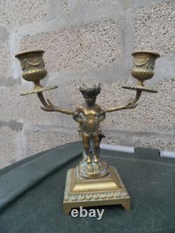 Vintage XIXe Bougeoir chandelier bronze diable Faune Diablotin H. Dasson