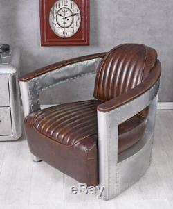 Vintage fauteuil club aluminium & épais cuir Art Deco avion DC3 cadre en bois