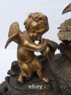 Vintage statue bronze art nouveau ange angelot putti fleurs oiseau